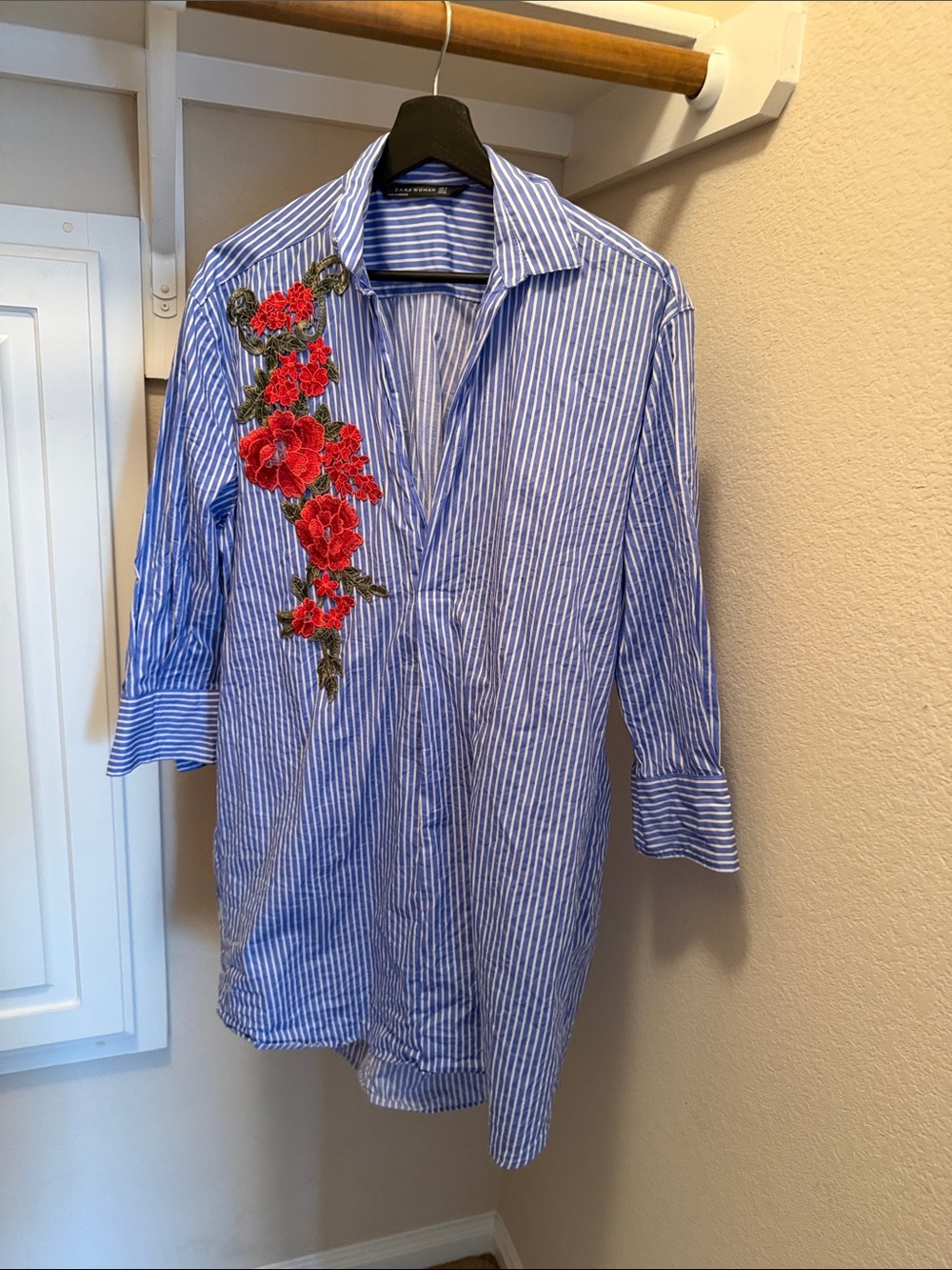 Zara Blue Striped Button-Down Shirt with Red Floral Embroidery